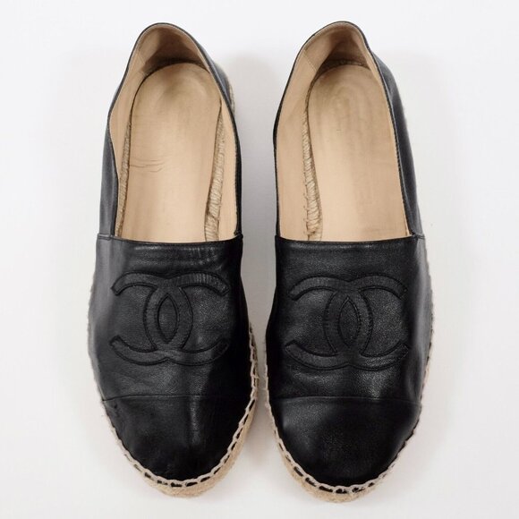 Chanel 40 US 10 espadrilles leather CC logo toecap black flats - Picture 3 of 7